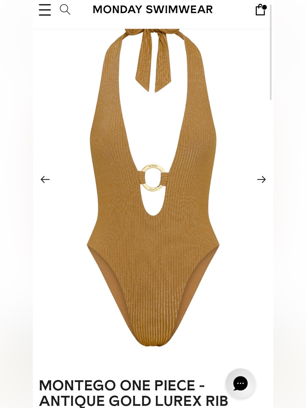 Montego Monday Swimwear Gold Ribbed Halter One-Piece with Front Ring